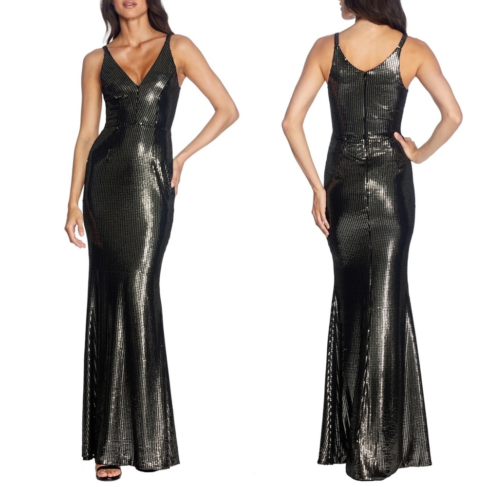 ✨NWT✨ DRESS THE POPULATION Harper Plunging Sequin Mermaid Gown Gold/Black - Picture 4 of 12